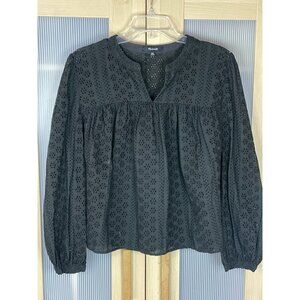 Madewell Women's Sz S Eyelet Lace Peasant Blouse Black Top Boho Coastal Casual